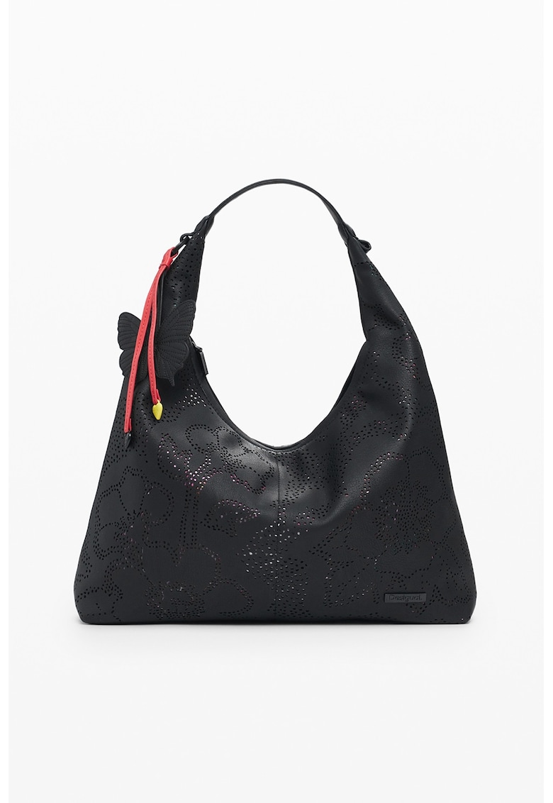 Geanta de piele ecologica cu bareta de umar si perforatii - Rosu/Negru