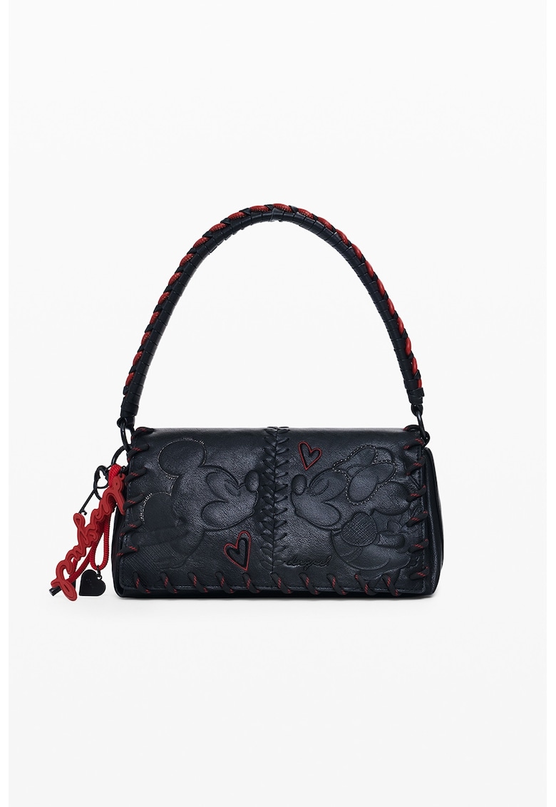 Geanta de piele ecologica cu bareta de umar si tematica Mickey Mouse - Rosu/Negru antracit