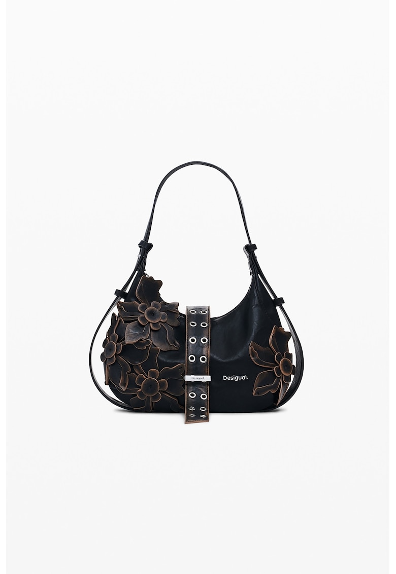 Geanta de piele ecologica cu bareta de umar si aplicatie in forma de floare - Maro inchis/Negru