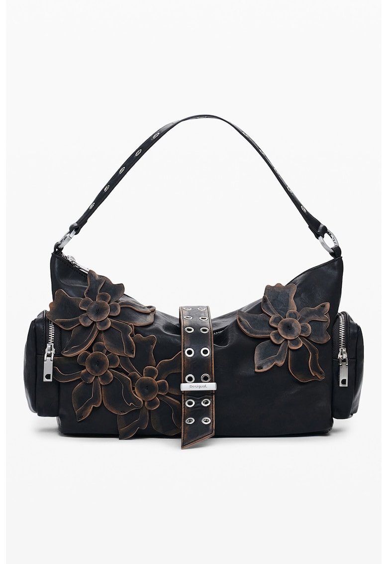 Geanta de umar cu aplicatii florale - Negru/Maro