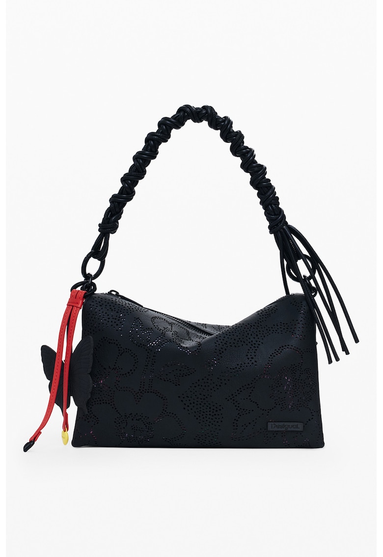 Geanta de piele ecoloigca cu bareta de umar si perforatii - Negru