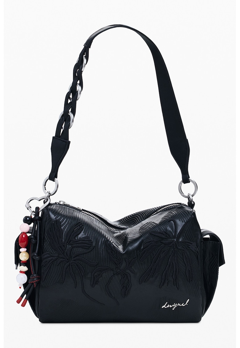 Geanta de piele ecologica cu bareta de umar si accesorii detasabile - Negru