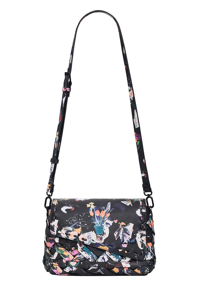 Geanta de piele ecologica cu bareta de umar - model floral si clapa asimetrica - Negru/Multicolor