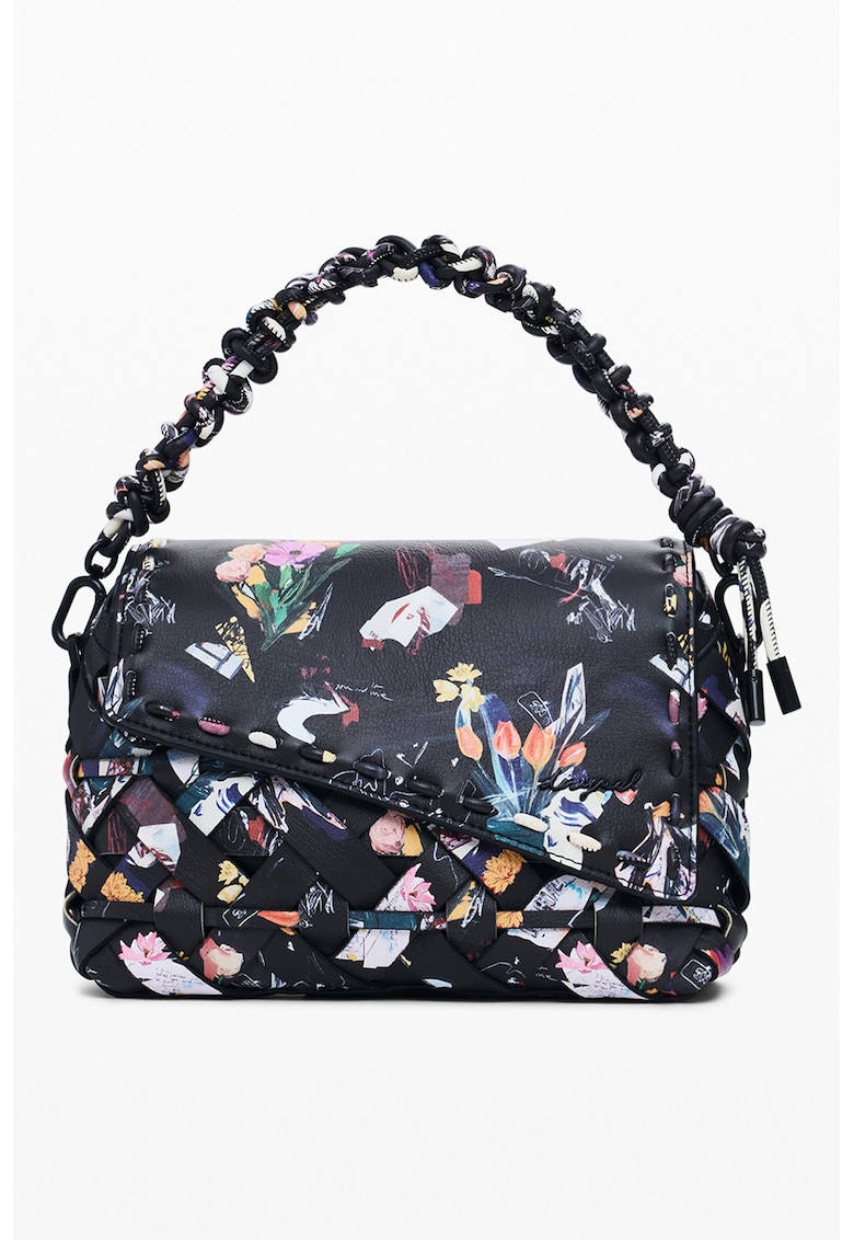 Geanta de piele ecologica cu bareta de umar - model floral si clapa asimetrica - Negru/Multicolor