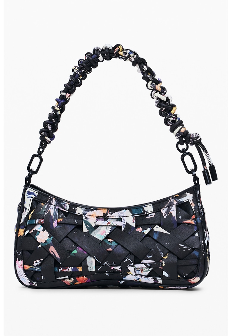 Geanta de piele ecologica cu bareta de umar - aspect tesut si model floral - Negru/Multicolor