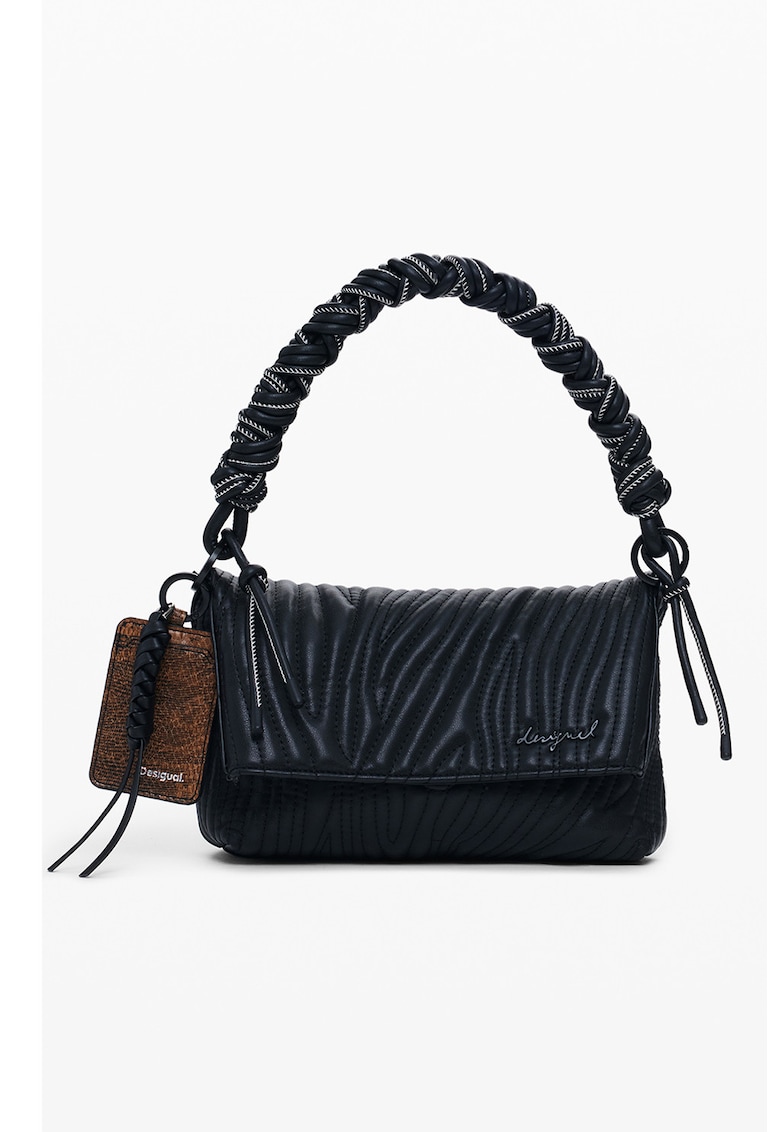 Geanta de piele ecologica cu bareta de umar - clapa si aspect texturat - Negru