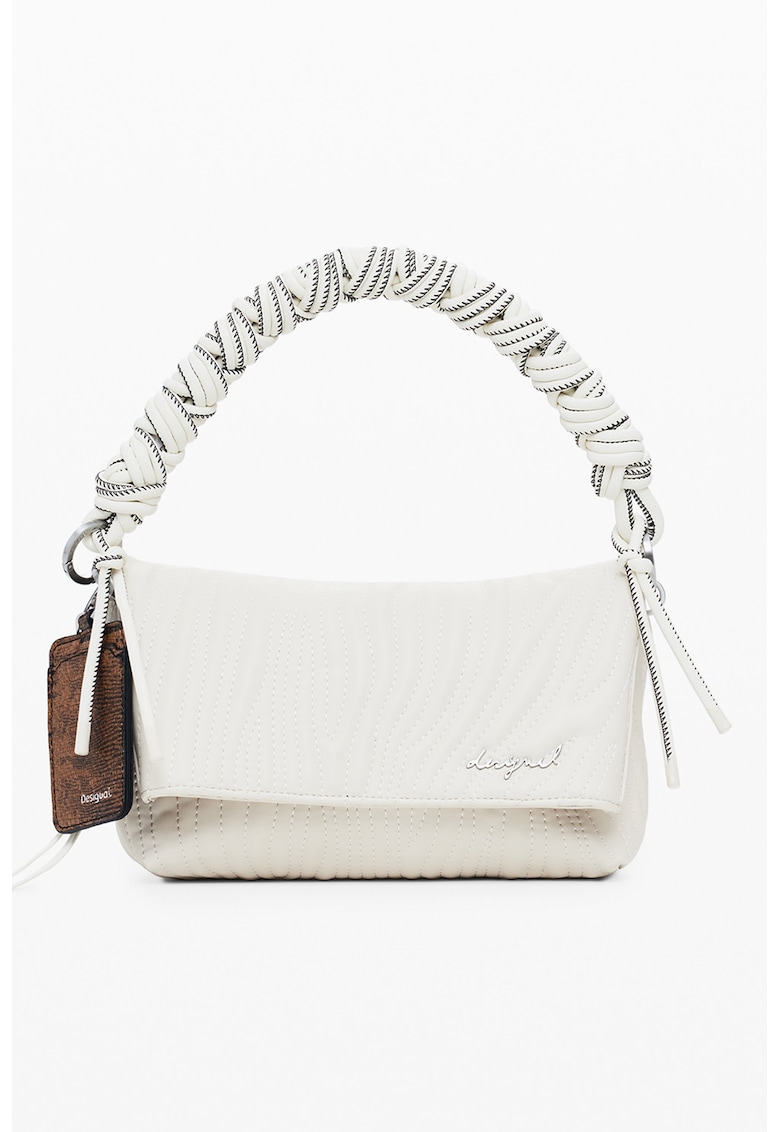 Geanta de piele ecologica cu bareta de umar - clapa si aspect texturat - Alb