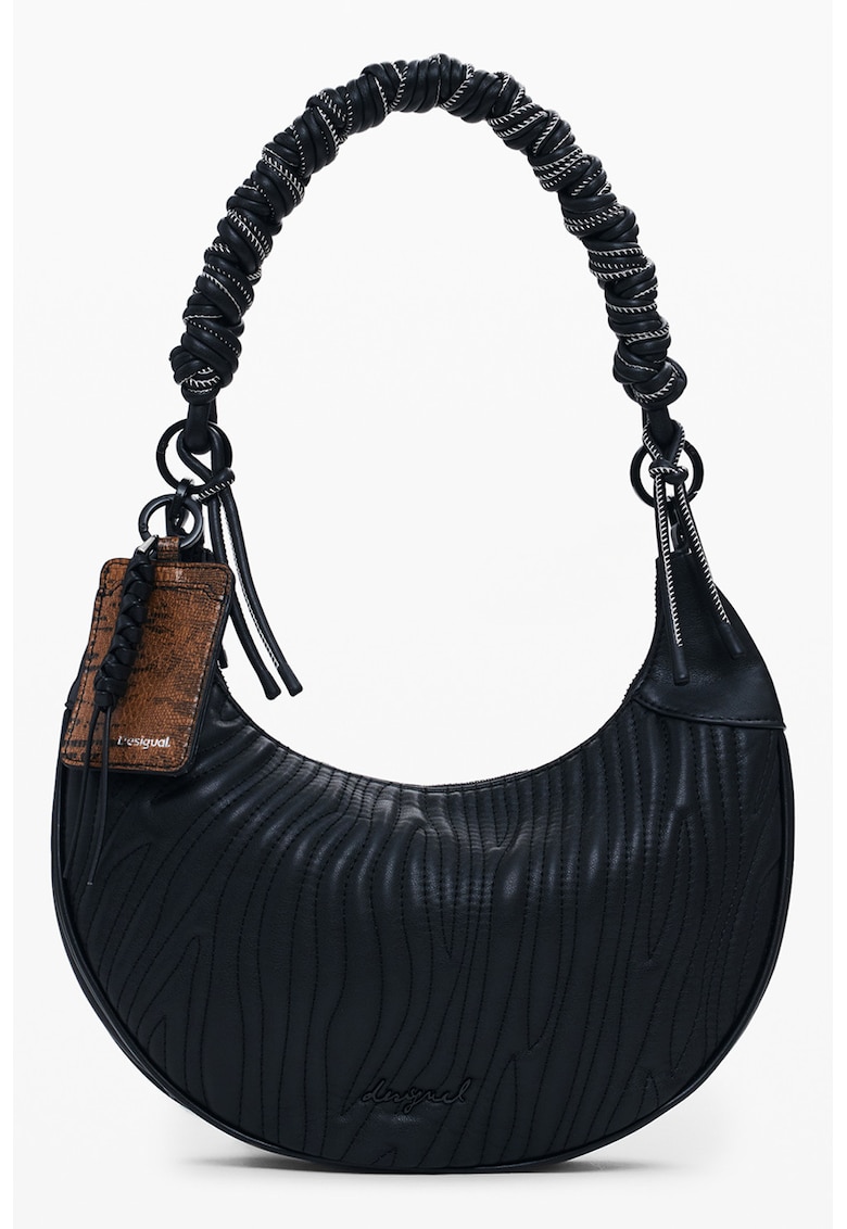 Geanta din piele ecologica texturata in forma de semiluna cu bareta de umar - Negru