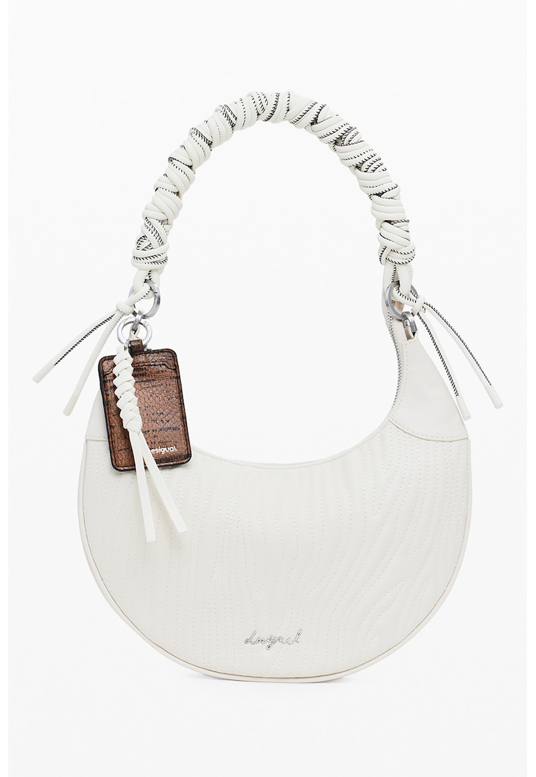 Geanta din piele ecologica texturata in forma de semiluna cu bareta de umar - Alb