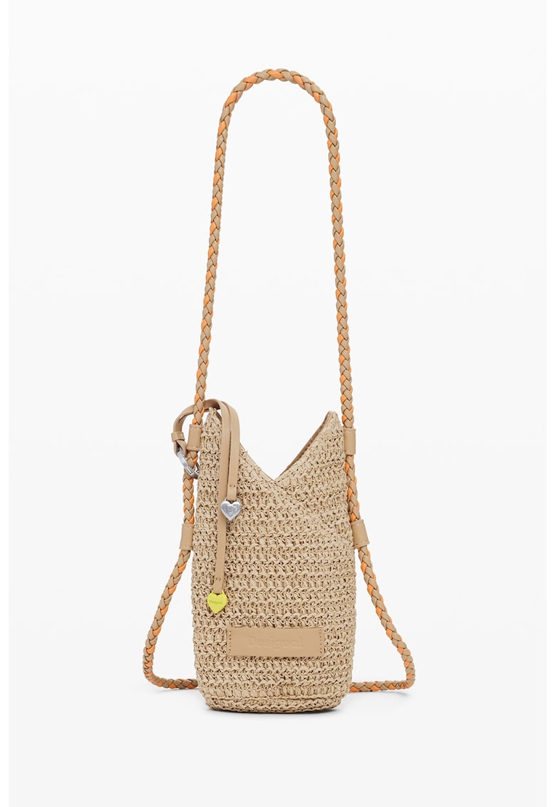 Geanta crossbody din paie cu bareta cu aspect impletit - Maro nisip