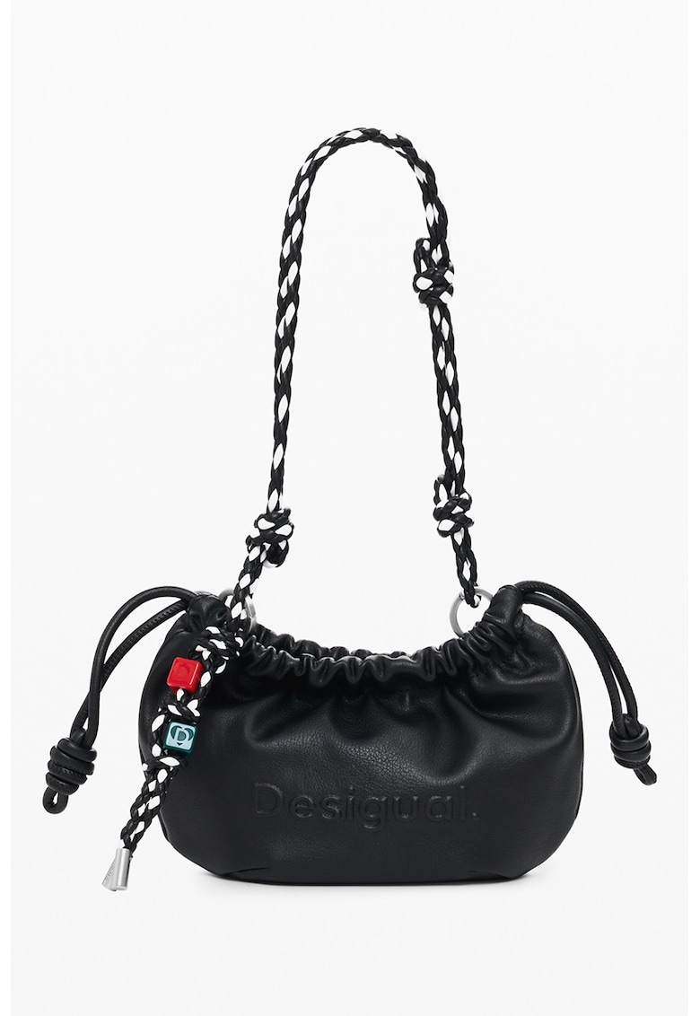 Geanta din piele ecologica cu bareta de umar si snur - Negru