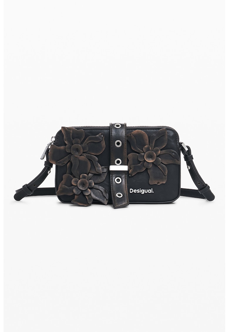 Geanta crossbody din piele ecologica cu aplicatii florale - Maro inchis