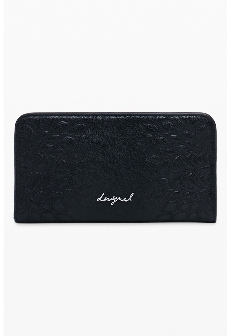 Portofel din piele ecologica cu fermoar si model - Negru