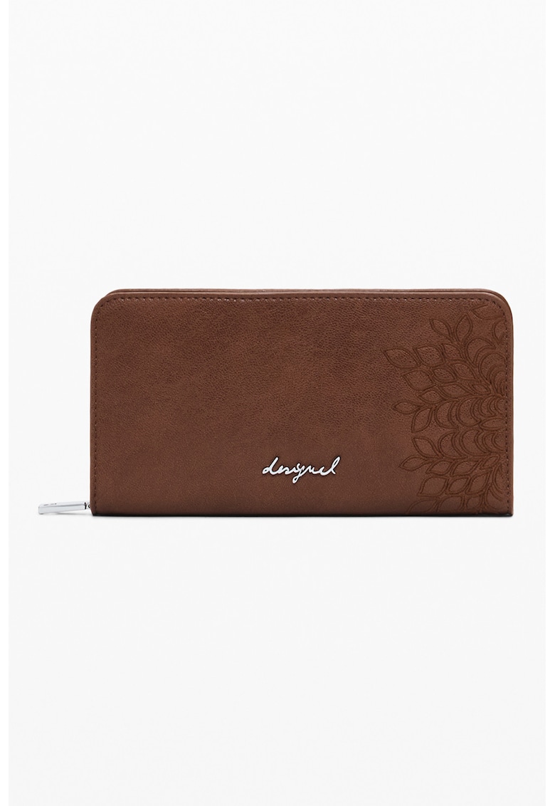 Portofel din piele ecologica cu fermoar si model - Maro