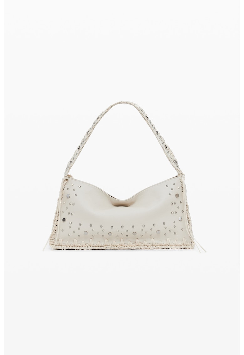 Geanta de piele ecologica cu bareta de umar si aplicatie cu nituri - Alb arctic