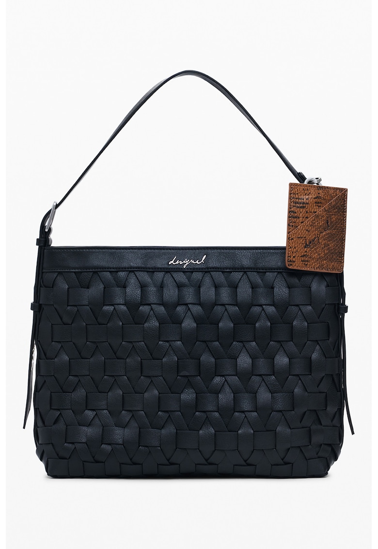 Geanta din piele ecologica cu maner si aspect tesut - Negru