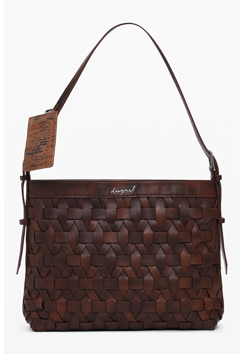 Geanta din piele ecologica cu maneri si aspect tesut - Maro