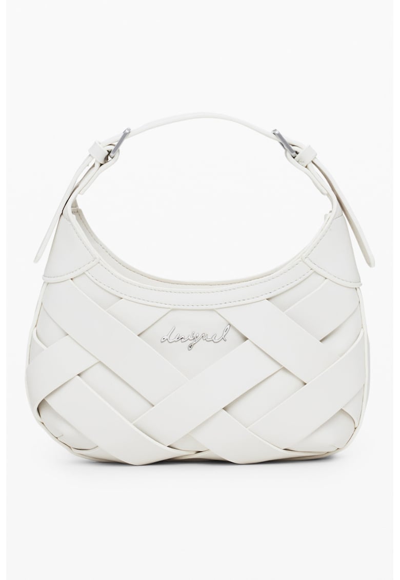 Geanta de piele ecologica cu aspect tesut si bareta de umar - Alb