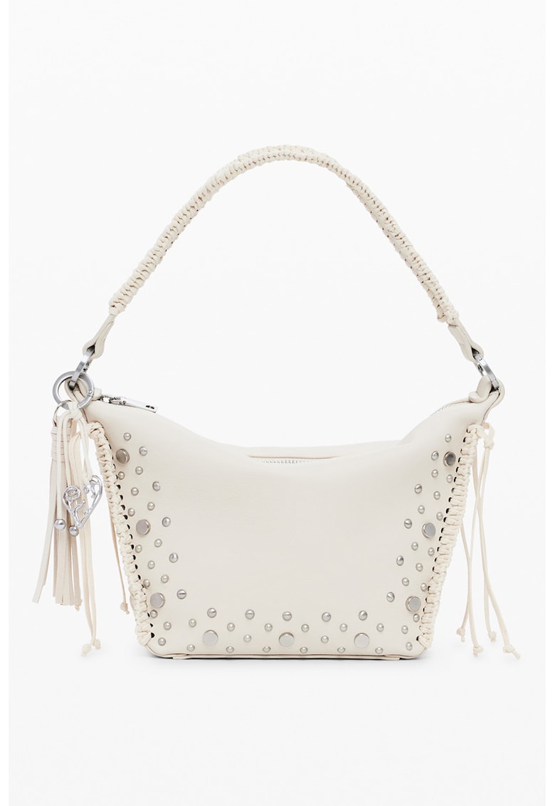 Geanta de piele ecologica in forma de trapezoid cu bareta de umar si tinte - Alb murdar