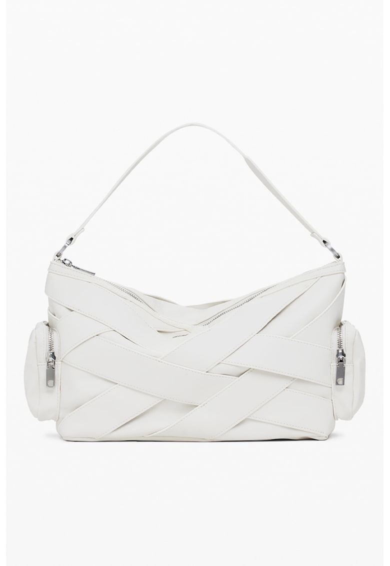 Geanta de piele ecologica cu bareta de umar si buzunare laterale - Alb