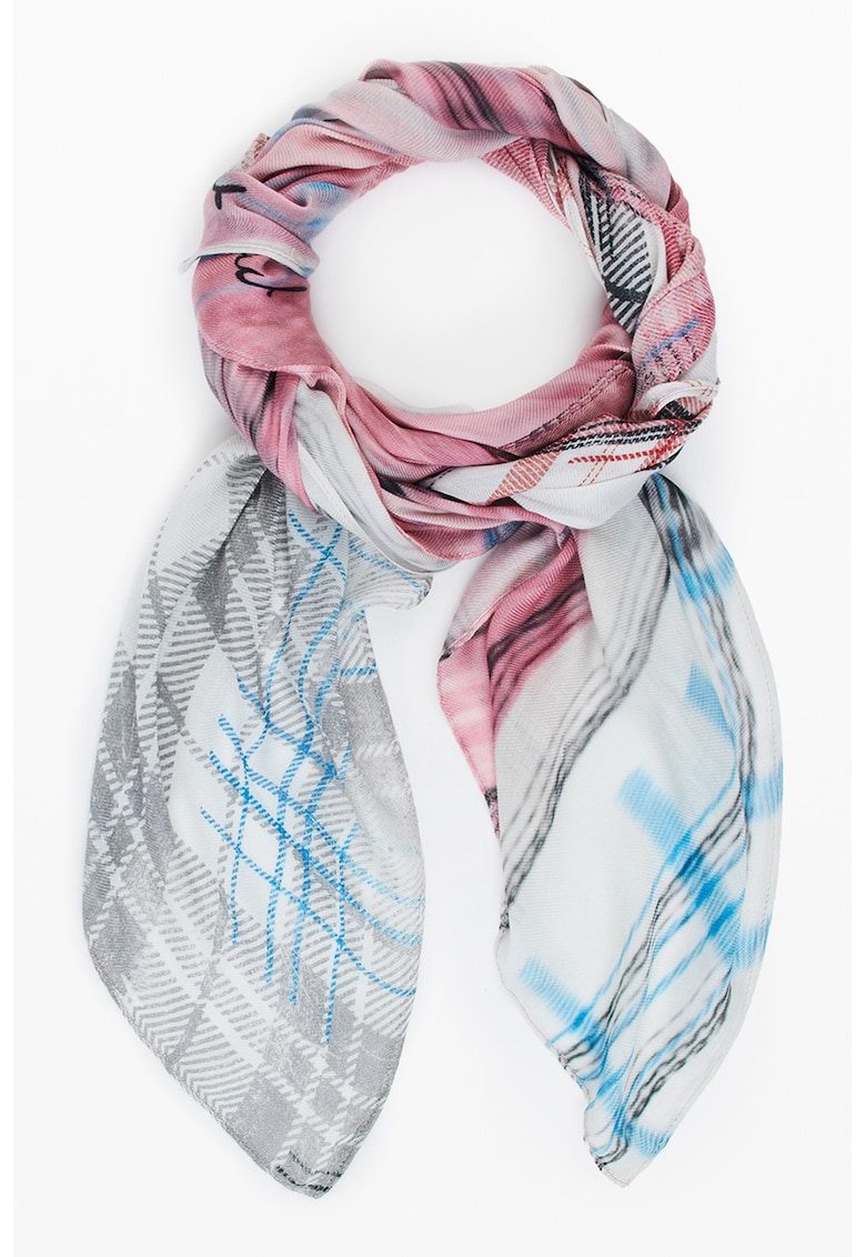 Esarfa cu model in carouri - Alb murdar/Roz