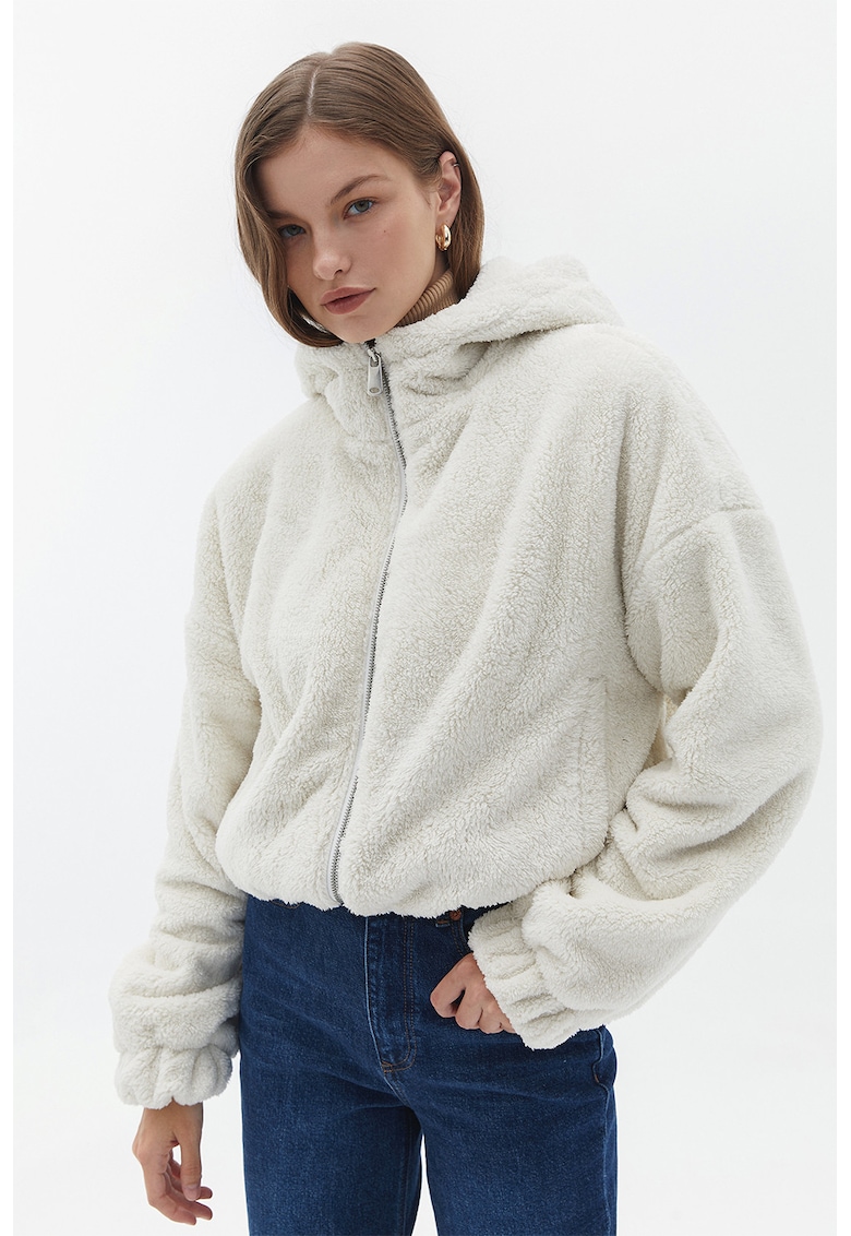 Jacheta din material teddy cu fermoar si gluga - Alb murdar