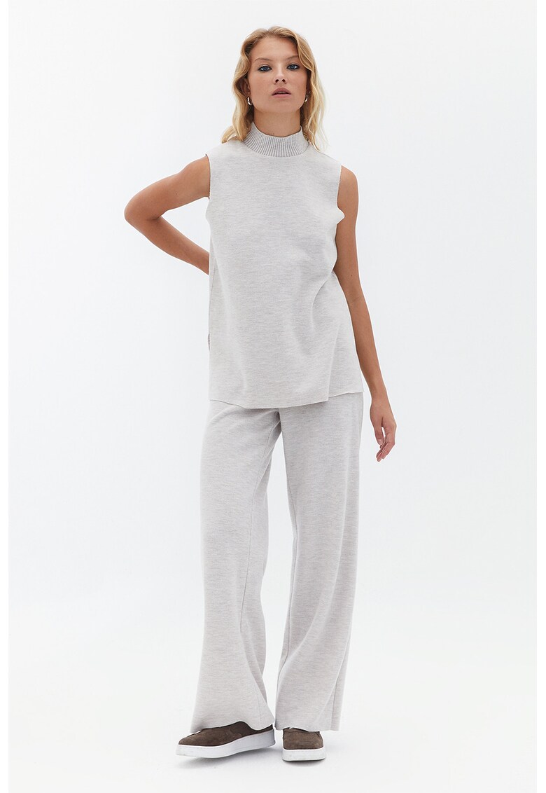 Pantaloni cu croiala ampla si talie elastica - Gri deschis melange