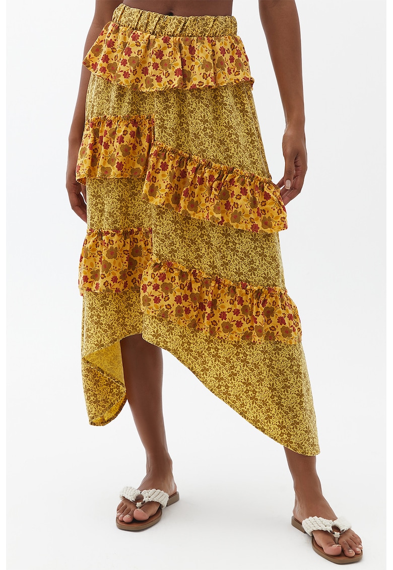 Fusta din lyocell cu volane - Galben sofran/Rosu inchis/Verde fistic