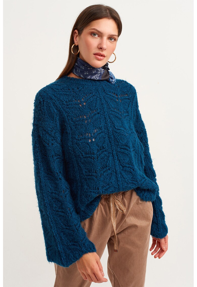 Pulover cu decolteu la baza gatului si maneci cazute - Albastru inchis