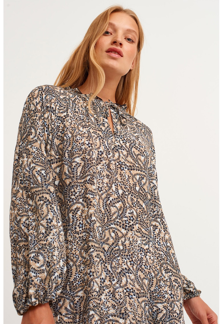 Rochie midi cu imprimeu floral - Alb fildes/Negru/Bej