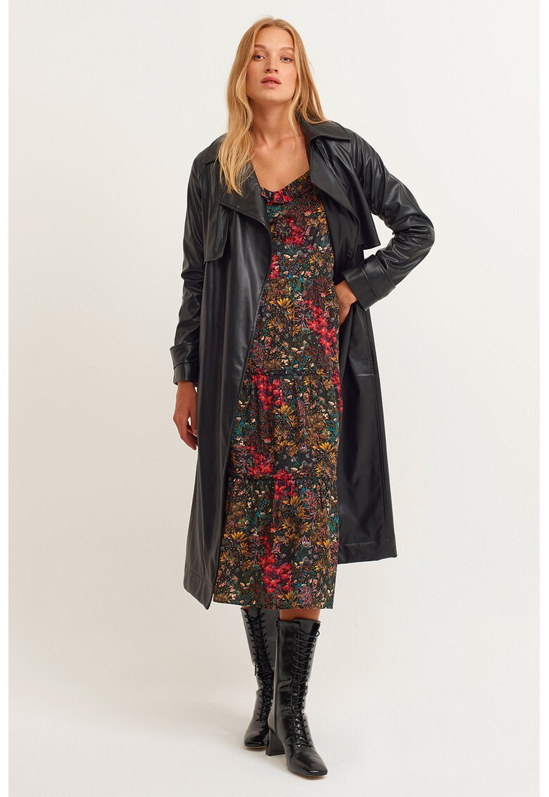 Rochie cu model floral si maneci bufante - Rosu/Negru/Galben pai