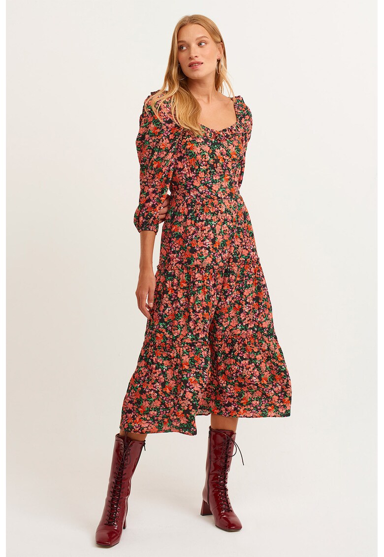 Rochie cu model floral si maneci bufante - Verde/Coral/Portocaliu mandarina