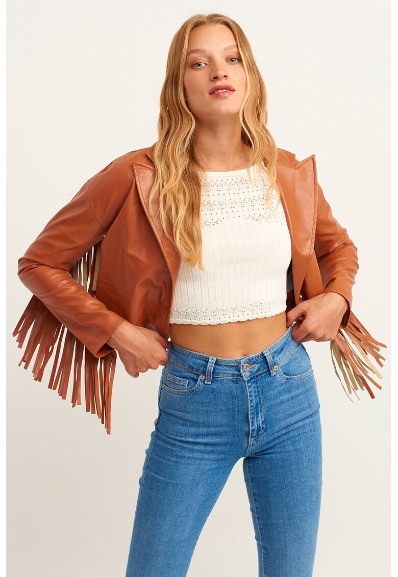Jacheta crop din piele ecologica cu canafi - Maro scortisoara