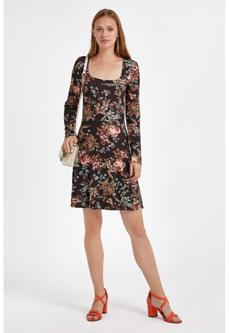Rochie cu decolteu patrat si imprimeu - Verde/Negru/Rosu stins