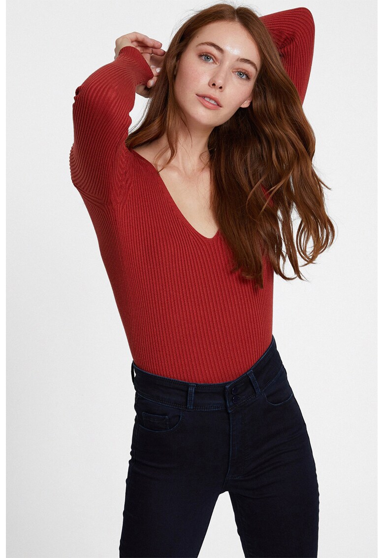 Pulover din amestec de modal cu decolteu in V - Rosu inchis