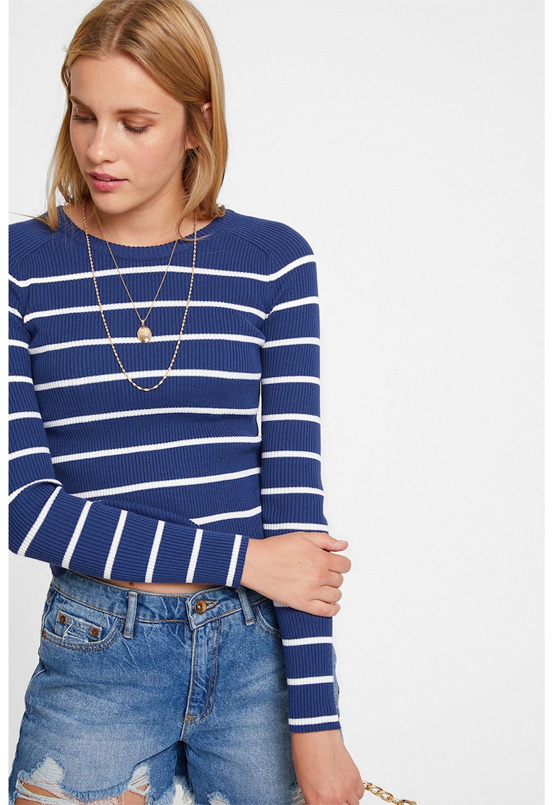 Pulover crop cu terminatie valurita - Alb/Albastru