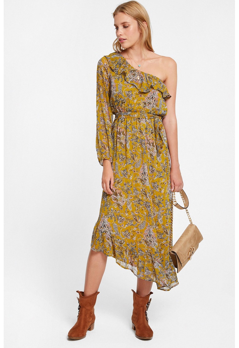 Rochie cu decolteu pe un umar si model paisley - Alb/Negru/Galben sofran