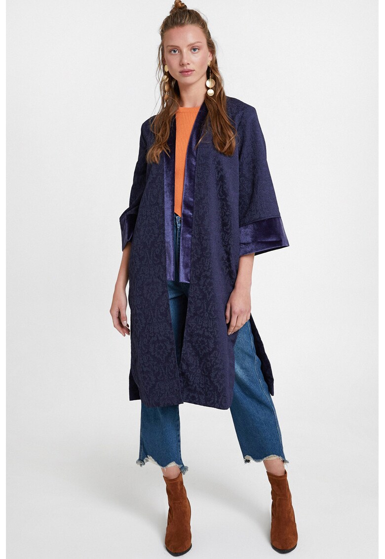 Sacou-chimono din catifea si material jacquard - Bleumarin