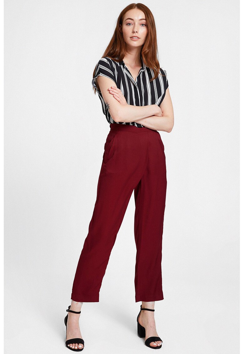 Pantaloni crop cu croiala dreapta si talie elastica - Visiniu