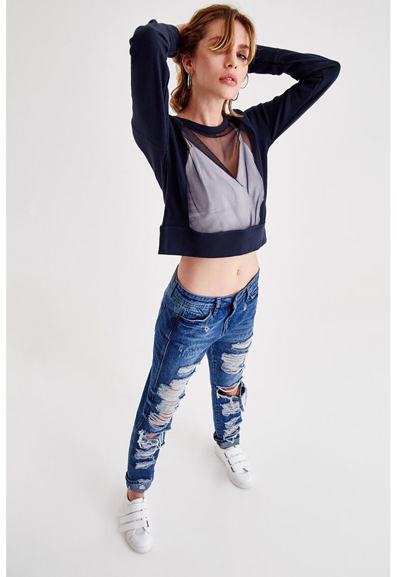 Bluza de trening crop cu insertie din plasa - Bleumarin