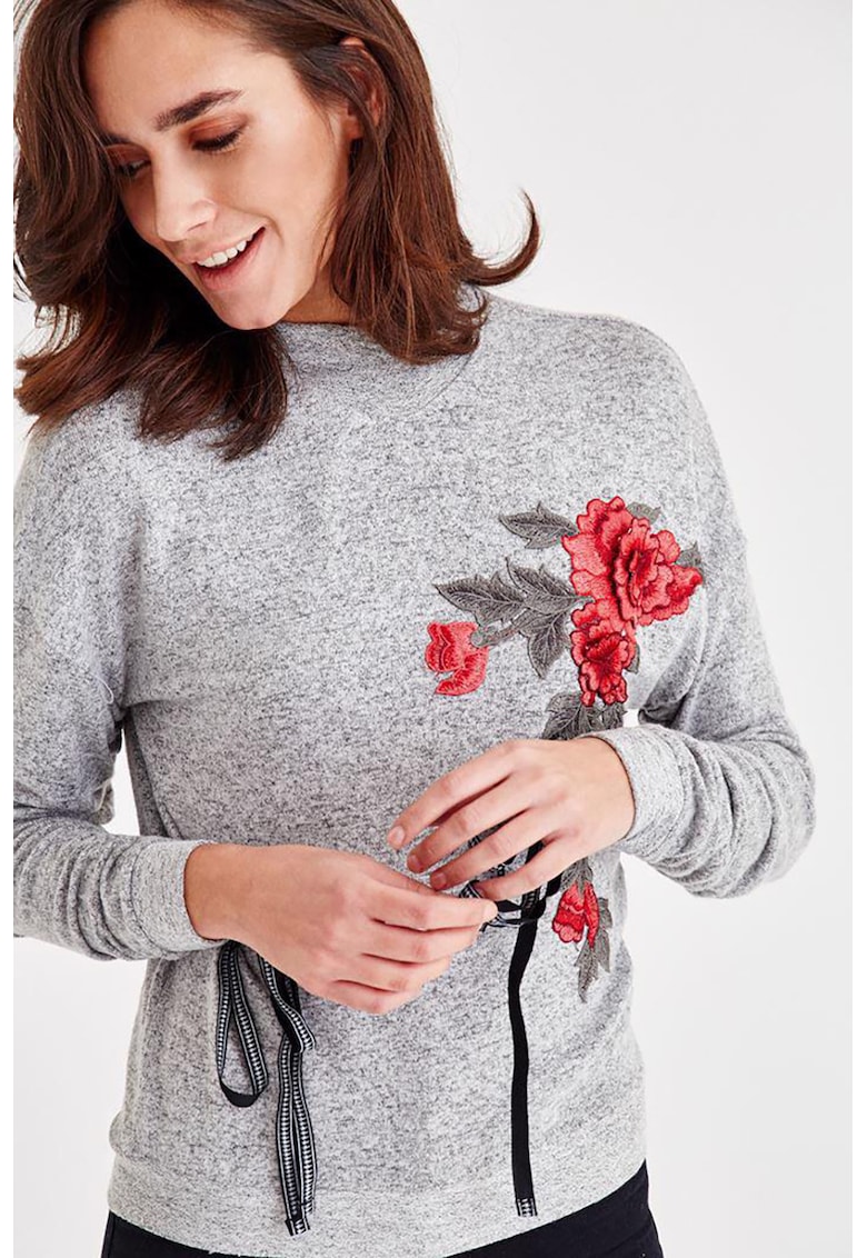 Pulover cu broderie florala si drapaj pe maneci - Rosu/Gri melange