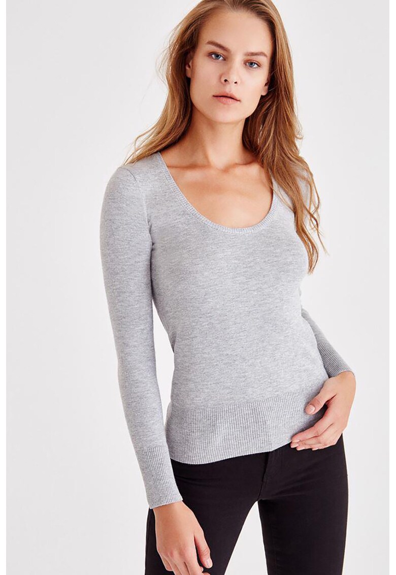 Pulover slim fit cu decolteu adanc - Gri deschis melange