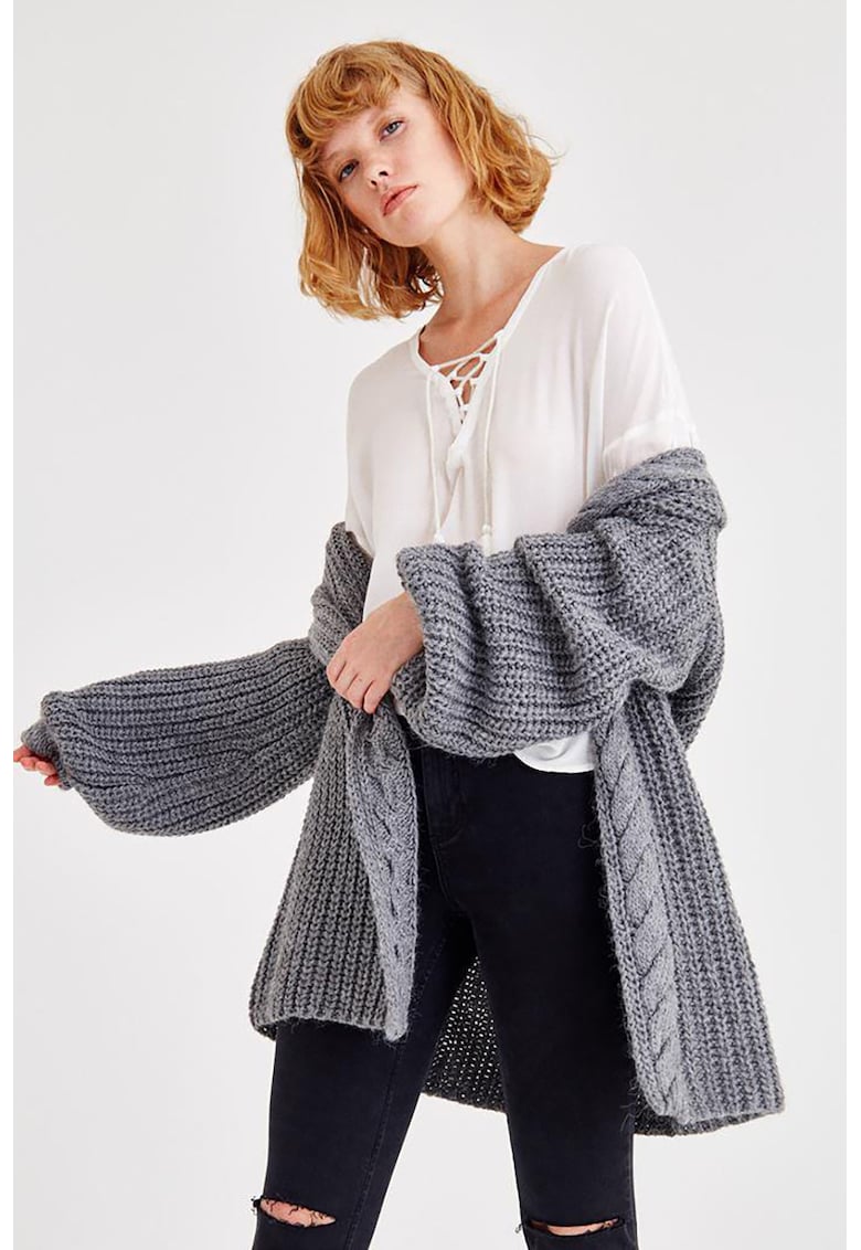 Bluza cu decolteu in V si sireturi - Alb murdar