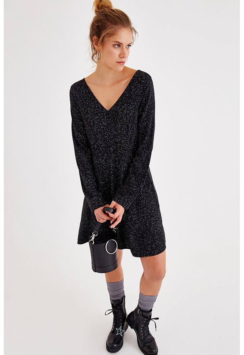 Rochie stralucitoare cu decolteu in V si buzunare laterale - Alb/Negru