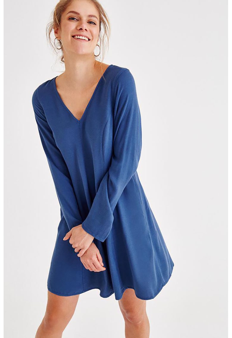 Rochie evazata din catifea cu decolteu in V - Albastru