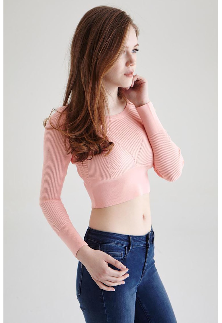 Pulover crop striat - Roz prafuit deschis