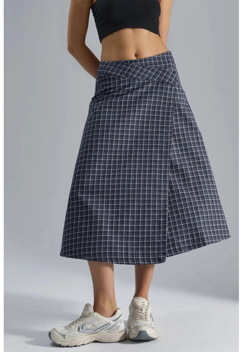 Fusta midi dama - carouri - textil - bleumarin