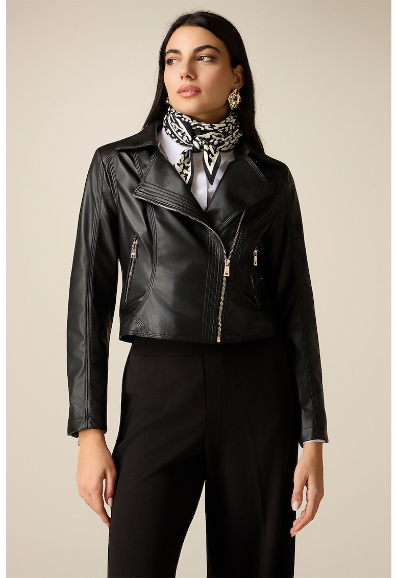 Jacheta biker de piele ecologica cu buzunare cu fermoar - Negru