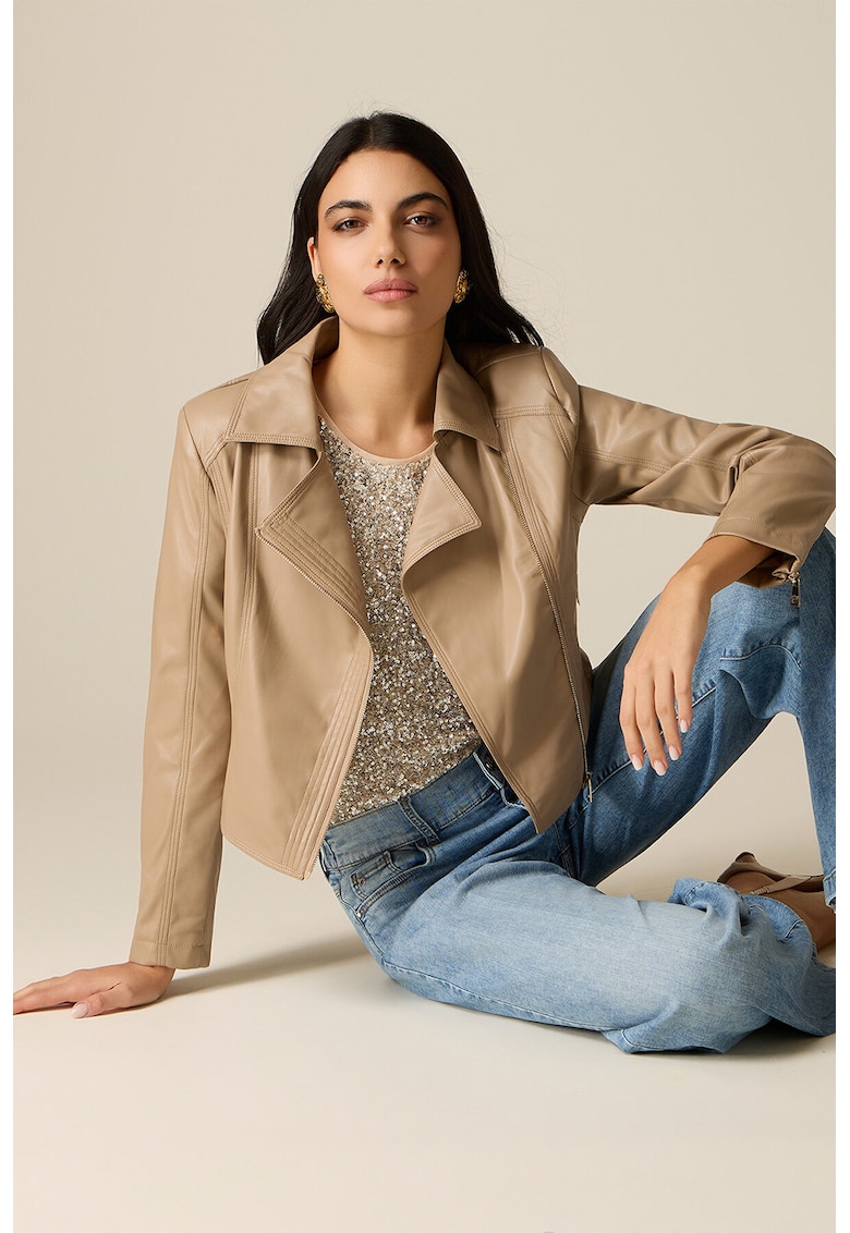 Jacheta biker de piele ecologica cu buzunare cu fermoar - Maro camel