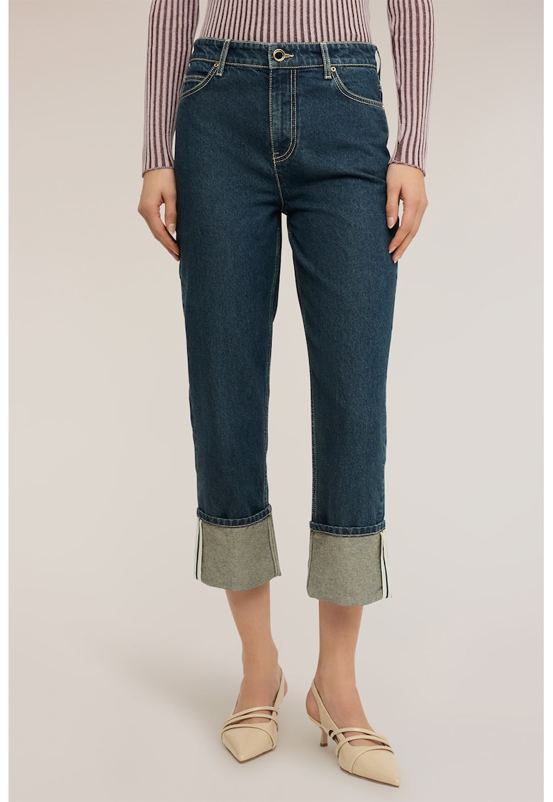 Blugi crop cu talie medie si terminatii pliabile - Albastru petrol